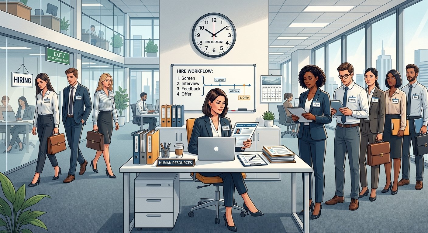 A professional editorial-style illustration depicting a modern recruitment process in a corporate setting. A confident HR professional sits at a clean, organized desk reviewing candidate profiles on a laptop, while a clock prominently displayed on the wall signals the importance of timing. On one side, a queue of diverse, well-dressed job candidates waits with briefcases and portfolios, looking attentive and engaged. On the other side, some candidates are shown walking away, symbolizing lost talent due to process inefficiencies. The office environment is sleek and contemporary, with subtle visual elements suggesting structured workflows — a checklist on a whiteboard, calendar reminders, and organized folders. The color palette uses professional blues, whites, and warm accent tones. The overall mood is thoughtful and slightly urgent, conveying the competitive nature of the talent market and the critical importance of an efficient, respectful hiring process. Photorealistic digital illustration style with clean lines and soft lighting.