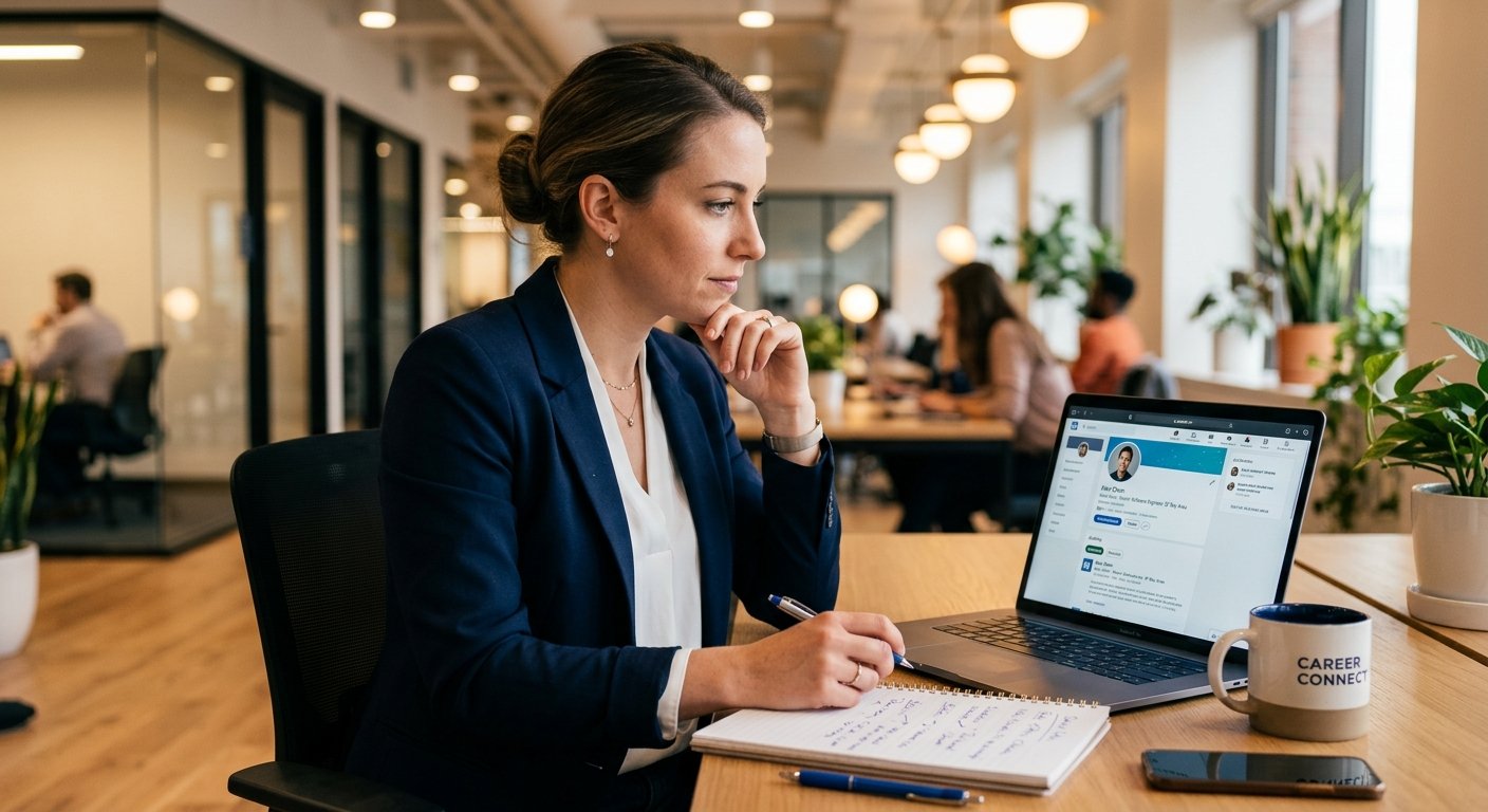 A professional recruiter at a modern office desk, carefully reviewing a LinkedIn profile on a sleek laptop screen, with a thoughtful and focused expression. The screen displays a polished professional networking interface with profile photos and connection details visible. On the desk are handwritten notes and a coffee cup, suggesting a personalized, strategic approach rather than automated mass outreach. The background is a contemporary open-plan office with soft, warm lighting. The overall atmosphere conveys professionalism, intentionality, and human connection in a digital workspace. Editorial photography style, shallow depth of field, clean and sophisticated color palette of deep navy blue, white, and warm amber tones.