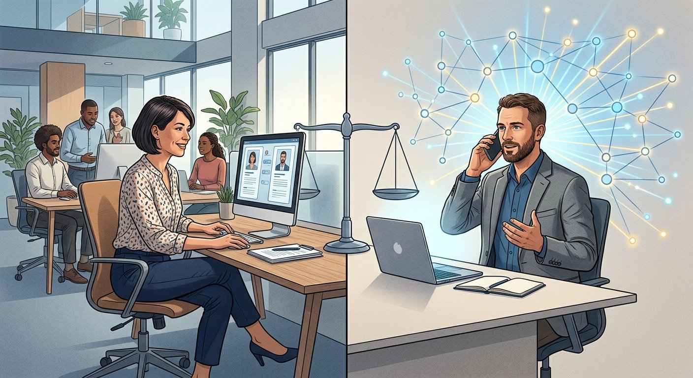 A split-scene editorial illustration showing two professional environments side by side: on the left, an internal HR professional sitting at a modern office desk surrounded by colleagues, reviewing candidate profiles on a computer screen with a warm, familiar atmosphere suggesting deep company culture knowledge; on the right, an external recruiter in a neutral, independent workspace actively networking on the phone, with a wide web of professional connections visualized as glowing nodes extending outward into the broader market. In the center between the two scenes, a balanced scale symbolizes the thoughtful decision between the two approaches. The overall tone is professional, clean, and corporate with a subtle blue and grey color palette, conveying strategic business decision-making and honest advisory expertise. The style is modern editorial illustration with realistic lighting.