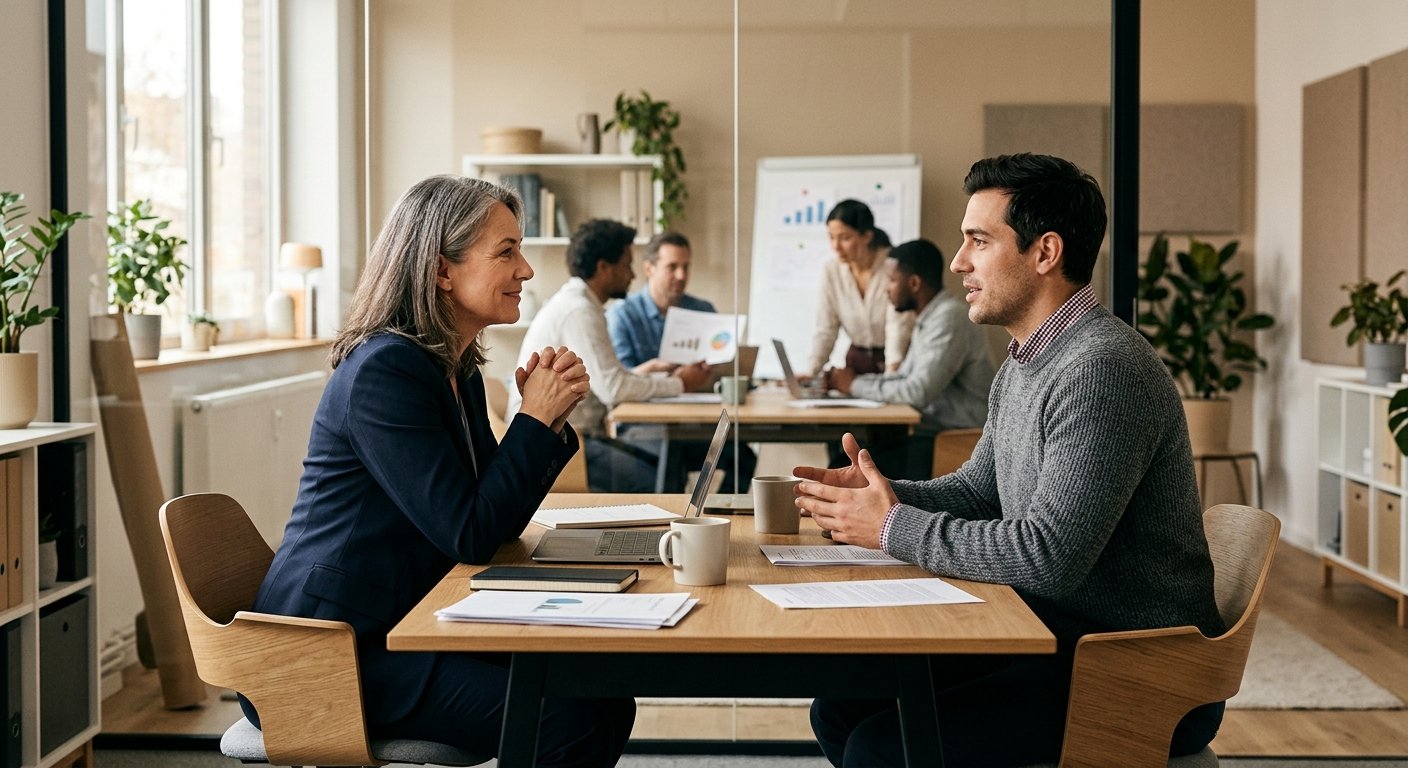 A thoughtful editorial-style illustration showing a mid-sized German business setting where a manager and employee are engaged in a genuine, attentive one-on-one conversation at a modern but modest office desk. The manager leans forward with open body language, actively listening, while the employee speaks with confidence. Warm, natural lighting fills the space. In the background, a small cohesive team of diverse professionals works collaboratively, visible through a glass partition, conveying stability and trust. The overall atmosphere is human, grounded, and professional — reflecting themes of leadership quality, psychological safety, and authentic workplace relationships. Photorealistic editorial photography style, shallow depth of field, neutral tones with warm accents, no text or logos.