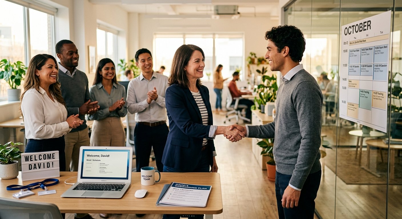 A warm, professional editorial illustration showing a new employee's first day at a modern office. A welcoming manager shakes hands with a confident new team member, while a diverse group of colleagues gathers nearby with genuine smiles, ready to greet them. The workspace is bright and well-prepared — a clean desk with a laptop, access cards, and a printed welcome plan visible. In the background, a calendar on a glass wall shows structured meeting blocks for the first week. The atmosphere conveys warmth, organization, and human connection. Soft natural light fills the open-plan office. Photorealistic style with warm, professional tones — golden hour light, clean modern interiors, shallow depth of field.