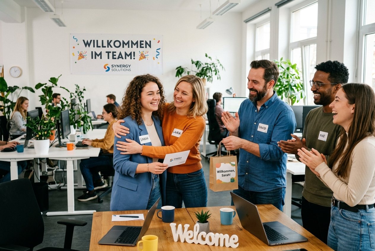 Neue Mitarbeiterin Sabah wird von Kollegin Laura herzlich umarmt, während David und Mike applaudieren – im Hintergrund ein Banner „Willkommen im Team!