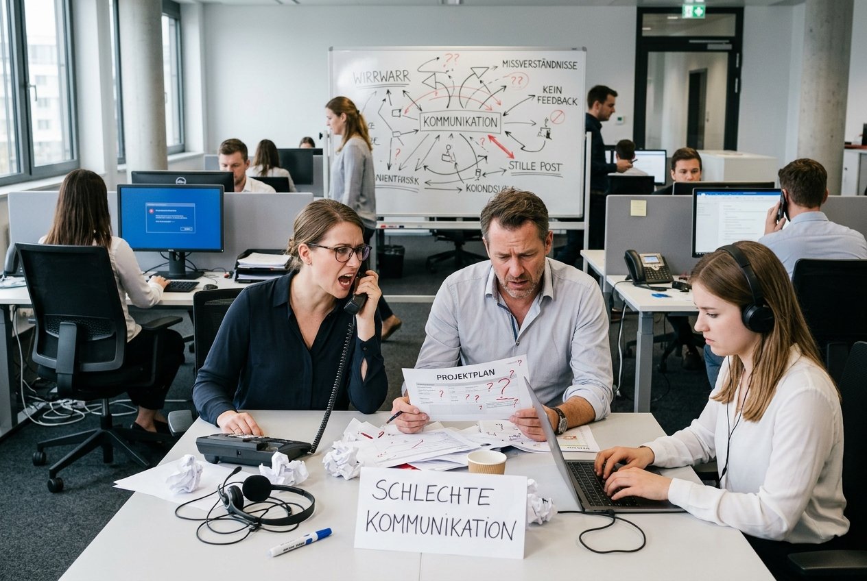 Chaotisches Büro mit Schild „Schlechte Kommunikation" und Whiteboard mit Begriffen wie Wirrwarr, Missverständnisse und Kein Feedback